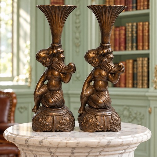 Bronze cherub candlesticks - bronze,